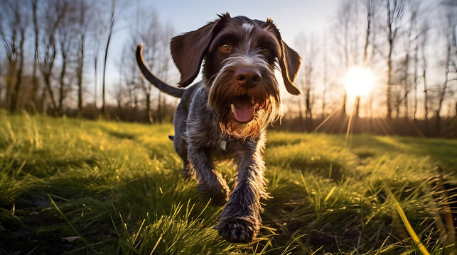 Playful German Wirehaired Pointer Outdoors, Generative AI