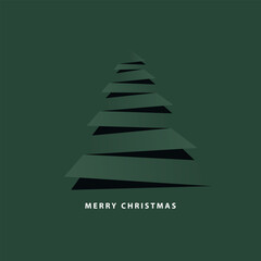 Vector illustration Merry Christmas modern design in paper cut style with Christmas tree, gift, pine branches on green background. Christmas card, poster, holiday cover or banner.
