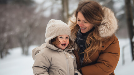 Fototapeta premium A joyful moment of a smiling woman warmly dressed in winter clothing, holding a cheerful young child, both enjoying a snowy day outdoors.