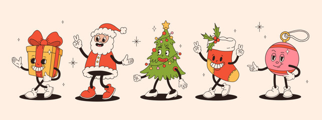 Groovy hippie Christmas stickers. Santa claus, sock, ball, christmas tree and present in trendy retro cartoon style. groovy characters 50s, 60s, 70s