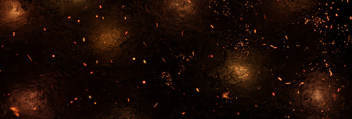 3D rendering of rocky black surface covered by flying fire particles