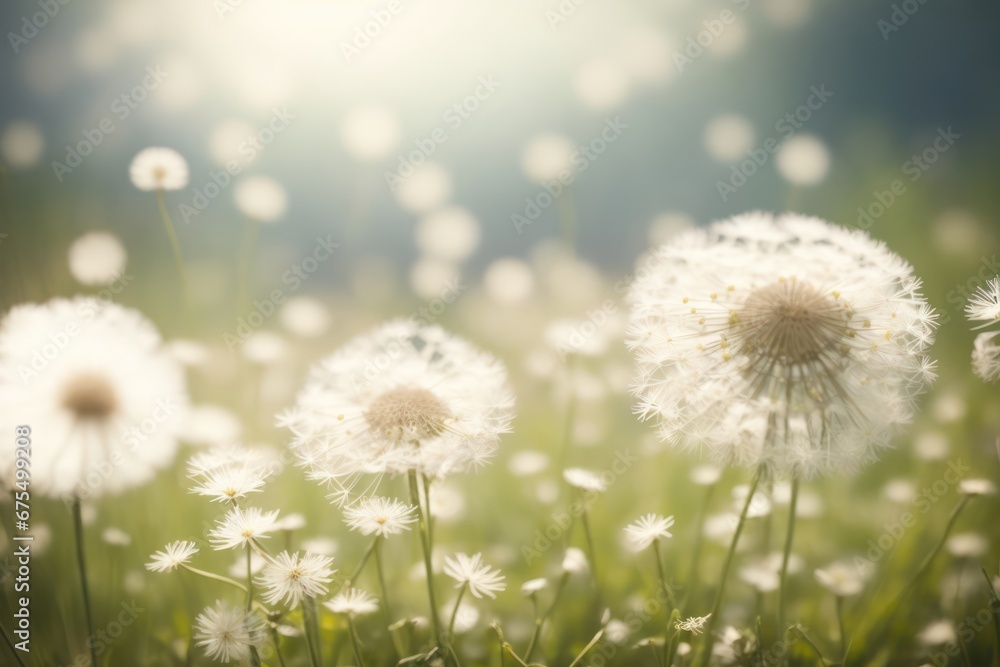 Poster spring background with white dandelions. ai generative