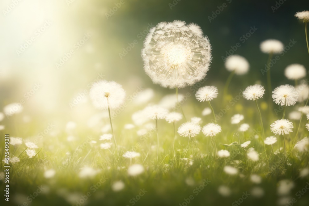 Poster spring background with white dandelions. ai generative