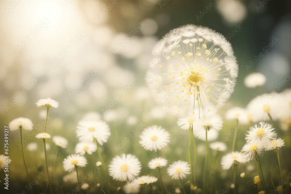 Poster spring background with white dandelions. ai generative