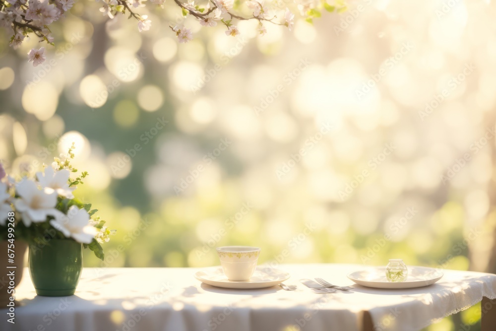 Poster spring table with trees in blooming and defocus. ai generative