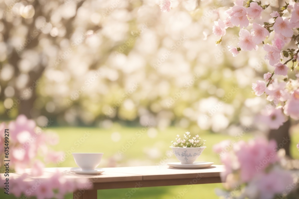 Poster spring table with trees in blooming and defocus. ai generative