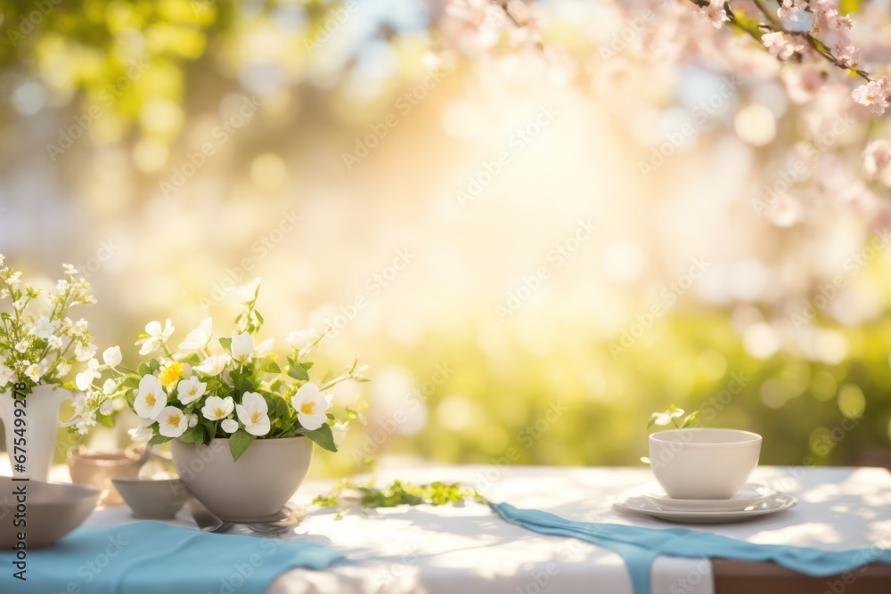 Poster spring table with trees in blooming and defocus. ai generative