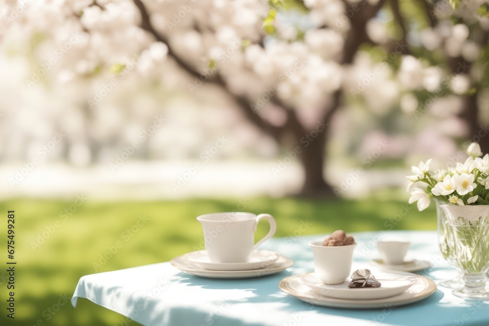 Poster spring table with trees in blooming and defocus. ai generative
