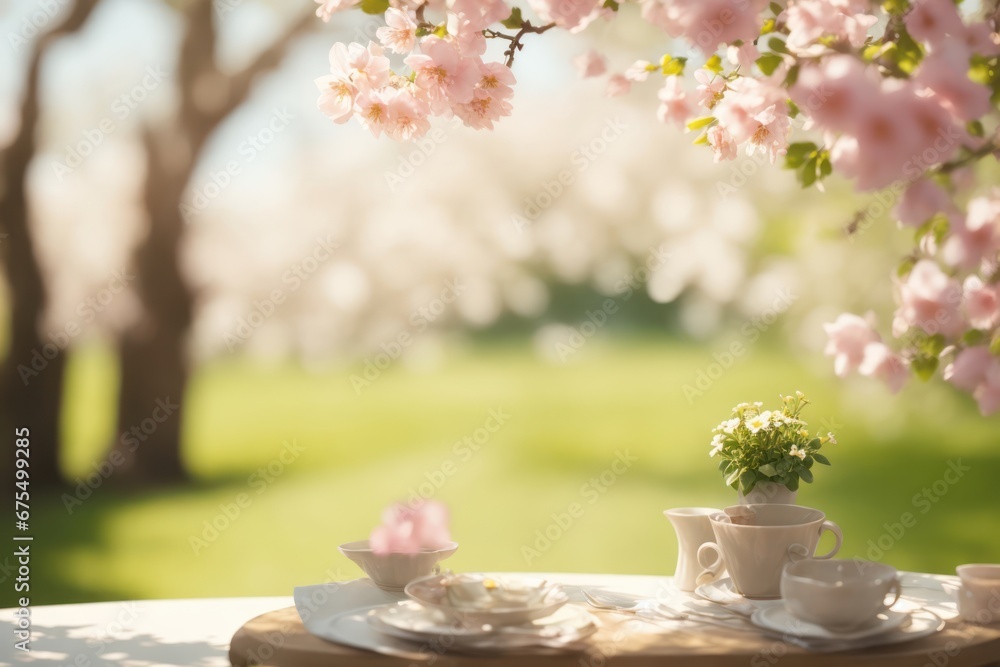 Poster spring table with trees in blooming and defocus. ai generative