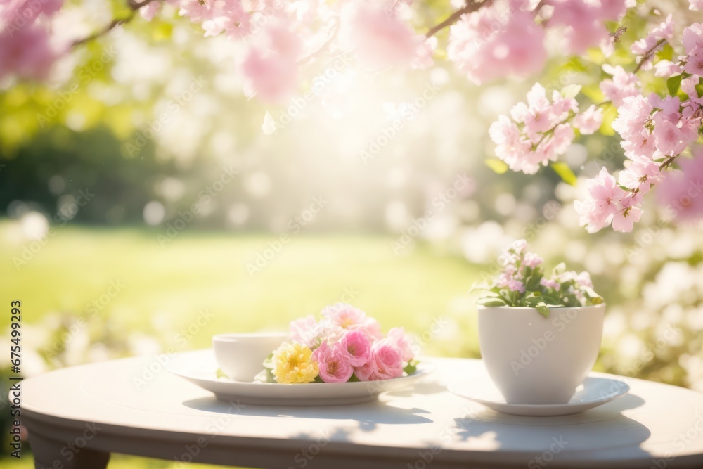 Poster spring table with trees in blooming and defocus. ai generative