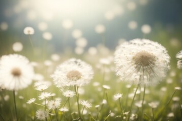 spring background with white dandelions. ai generative