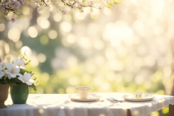 Obraz na płótnie Canvas Spring Table With Trees In Blooming And Defocus. ai generative