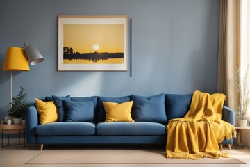 Blue sofa with yellow pillows and blanket. ai generative