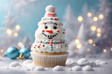 Christmas cupcake in the shape of a white snowman. ai generative
