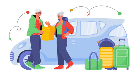 Old couple travel by car vector concept