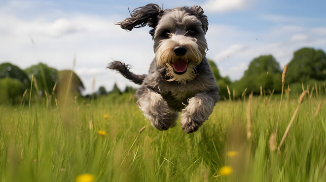 Playful Giant Schnoodle Running in Meadow, Generative AI