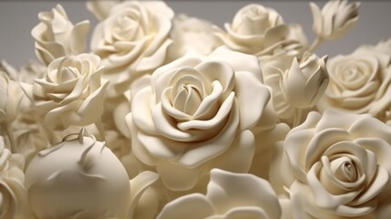 Deep carving cream roses flowers quicksand ivory background wallpaper image AI generated art - obrazy, fototapety, plakaty