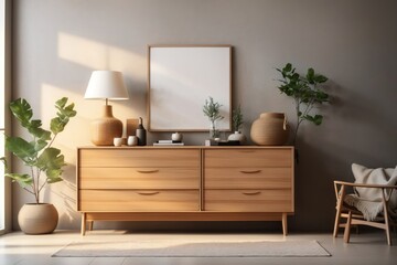 Wooden cabinet dresser against concrete wall. ai generative