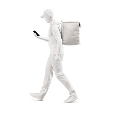 a image of a Delivery Male mannequin walking with Smartphone isolated on a white background