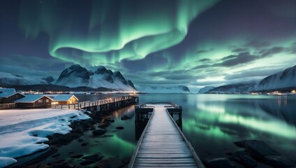 winter landscape of the north with aurora in the sky