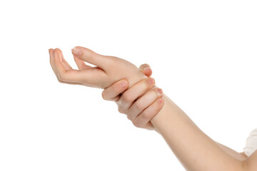 woman suffering from wrist pain. hand holding her ache joint on white background