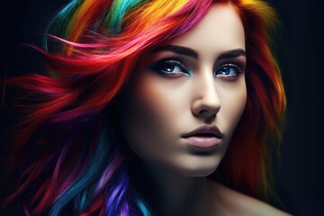 Beautiful woman with colorful hair and makeup. Beautiful face.