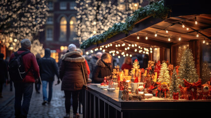 An outdoor Christmas market food stall, with twinkling lights and an evening festive atmosphere in the background.
