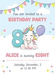 Birthday party invitation card with cute pony, balloon and number eight. Vector illustration