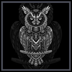 Monochrome Owl bird mandala arts isolated on black background.