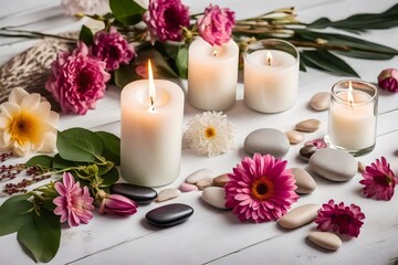 Composition of flowers, candles and stones on white wooden background,