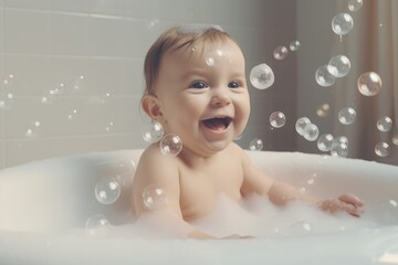 Happy laughing baby takes a bath, playing with foam bubbles. Small child in the bath. Smiling baby in the bathroom. Washing and bathing babies. Hygiene and early childhood care. Generative AI