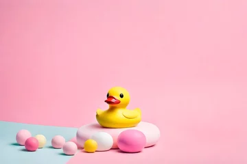 Fotobehang Creative layout with rubber duck and pink round on pastel background. Conceptual pop. © Amazing-World