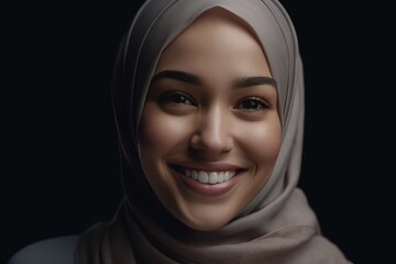 Smiling happy arab asian muslim woman in gray hijab clothes isolated on background studio portrait. Uae people middle east islam religious concept.