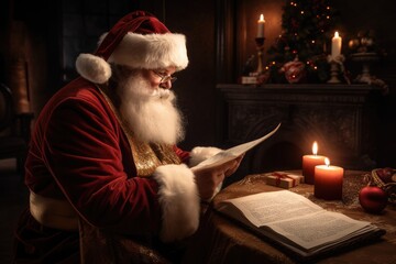 Portrait of Santa Claus sitting at home in his room near the Christmas tree and reading a Christmas letter or wish list.,