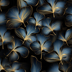 Tapeta z niebiesko złotymi liśćmi. Ai generative