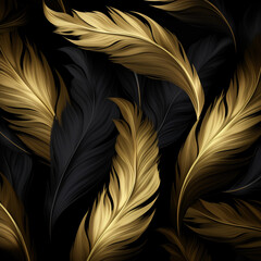 Tapeta, tło z czarno złotymi liśćmi i piórami. Ai generative - obrazy, fototapety, plakaty