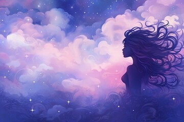 Woman in the night sky, Abstract blue sky space with clouds and stars, dreamy cosmic Celestial Reverie, gradient background of Navy to Purple