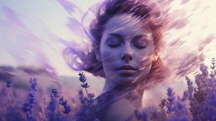 Obraz premium Double exposure combining the visage of a young woman with a field of lavender in full bloom, isolated
