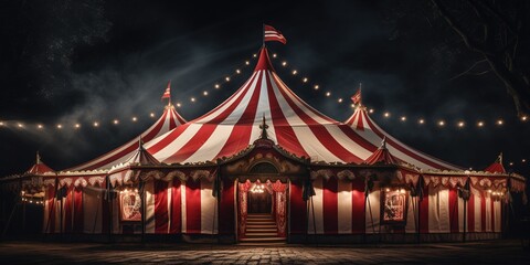 A circus tent with red and white stripes. - obrazy, fototapety, plakaty