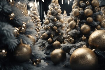 The room is decorated for the celebration of Christmas. Christmas tree with golden balls. new year.