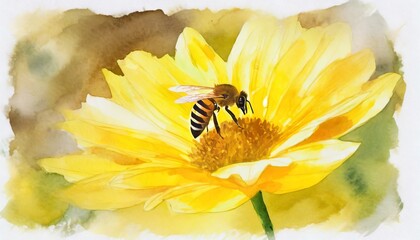 Bee in a flower, close-up, painting, watercolor style on white background