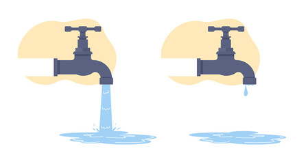 Water faucet with aqua flow or falling drops. Stopcock leaking. Plumbing maintenance. Open or closed spigot. Dripping liquid. Bathroom or kitchen sanitary engineering. png concept