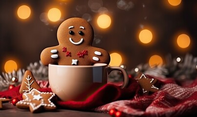Obraz na płótnie Canvas Gingerbread man cookie in a cup of hot chocolate or Mug cocoa, christmas bokeh lights, x-mas food, human shaped cookies. Preparing for a festive dinner. Merry christmas, new year, Close-up. Banner