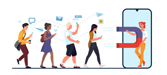 Girl attracts big magnet of subscribers. Generates leads. Phone screen. People following blogger with lodestone. Social media SMM technology. Subscription to influencer. png concept