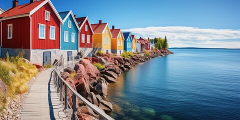 A row of red houses sitting next to a body of water. - obrazy, fototapety, plakaty