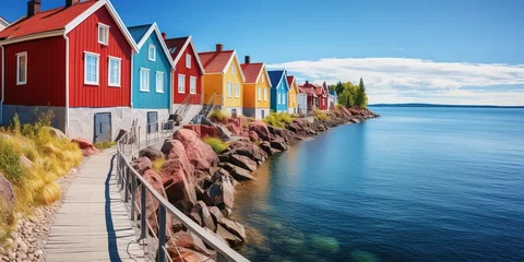 Foto op Canvas A row of red houses sitting next to a body of water. © Настя Шевчук