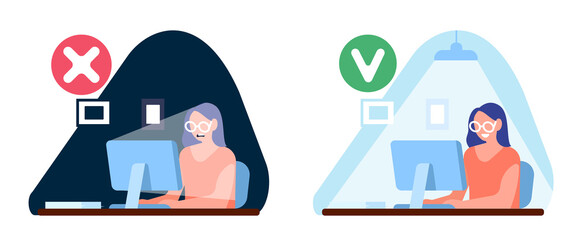 Proper and improper lighting of workplace. Woman working at desk with computer. Office table illuminated by lamp. Wrong and right light organization. Incorrect illumination. png concept
