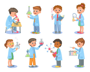 Little scientists. Kids in lab coats hold test tubes. Chemical flasks and beakers. Young chemists or biologists. Physicists scientific experiments. Laboratory research. Splendid png set