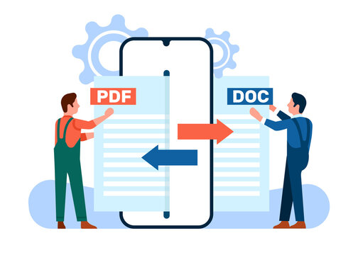 Convert Pdf to doc file. People using app on cellphone. Mobile converter technology. Men online exchange document extension formats. Smartphone application. Text remake. png concept