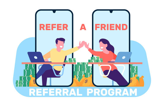 Partnership in business. Refer friend and make money. Profit from affiliate recommends. Smartphone screens. Customer cash bonuses. Dollar banknotes. Coins bags heap. png concept